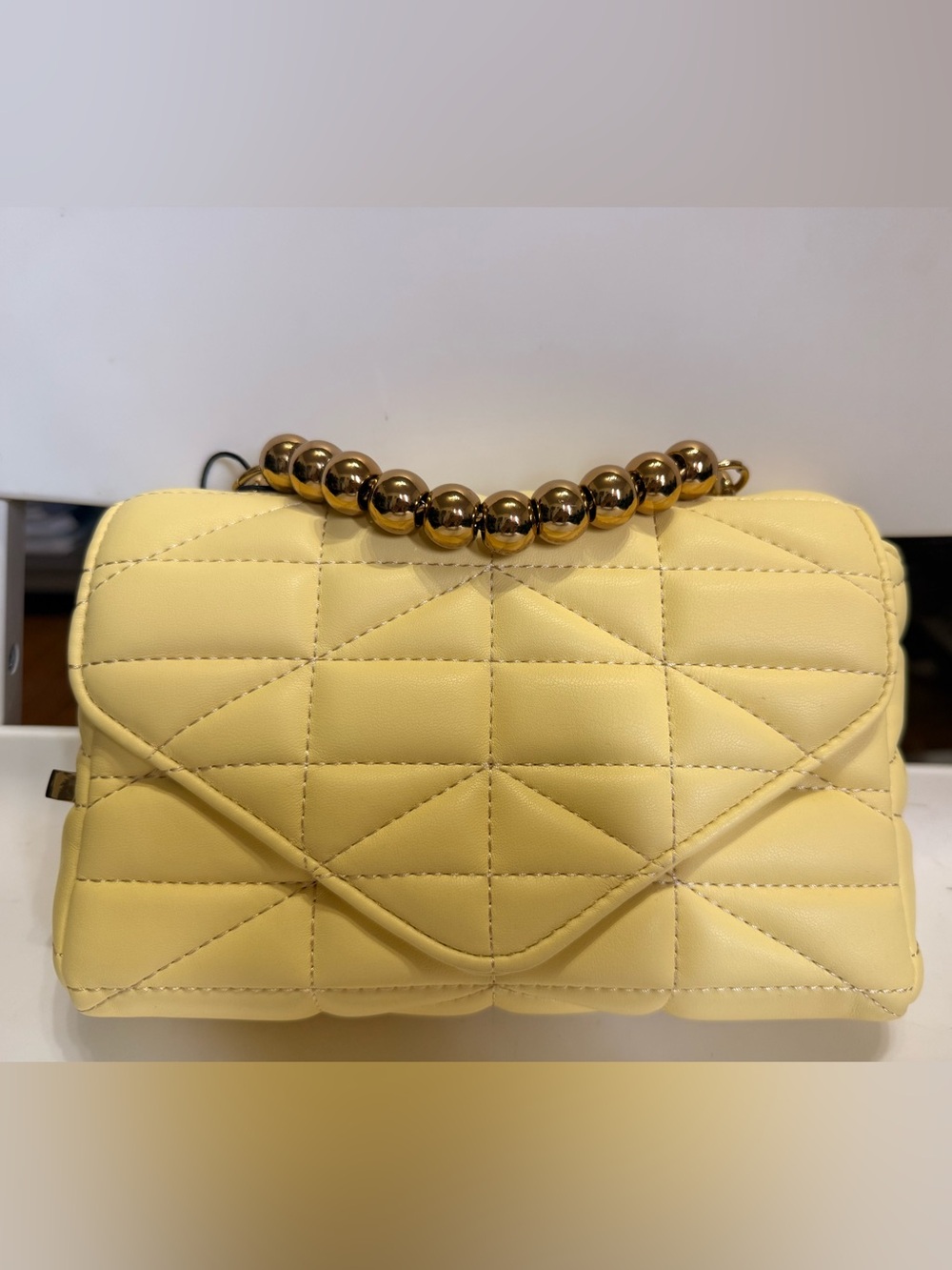 Zara Quilted Yellow Leather Shoulder Bag with Gold Bead Handle